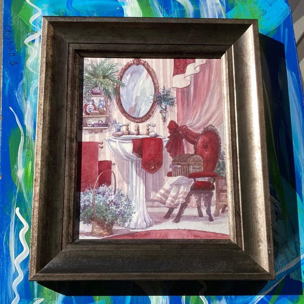 Oil painted Bathroom Scene on Canvas Framed